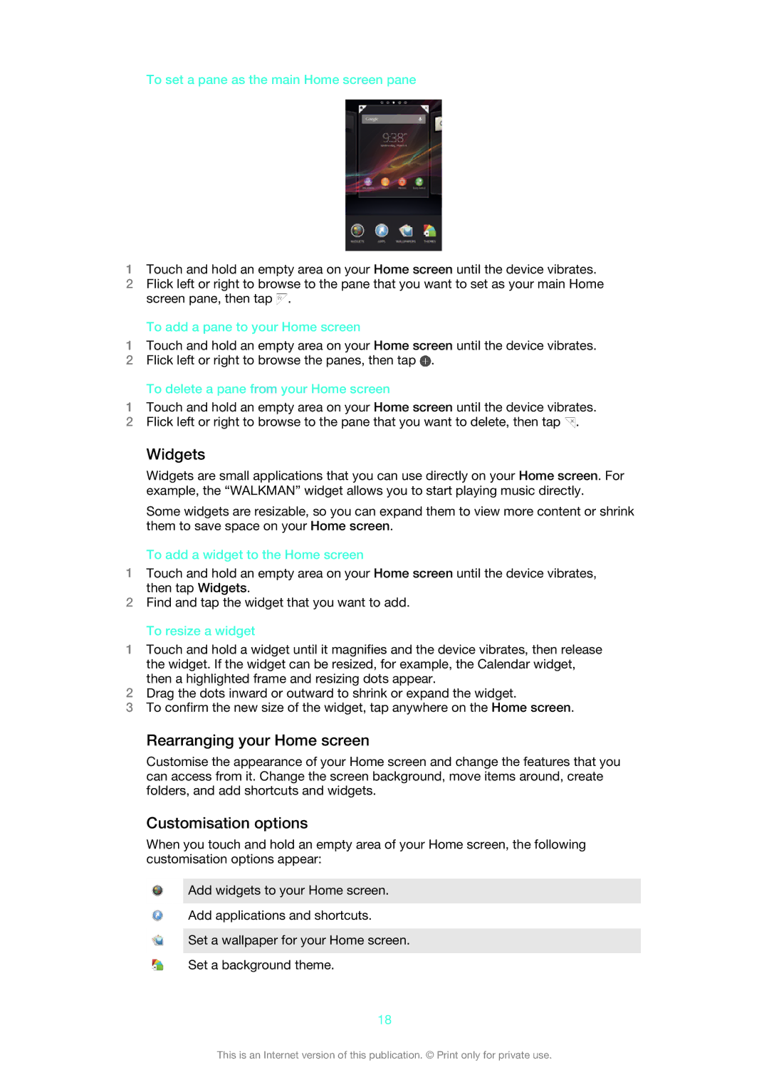 Sony XPERIA S manual Widgets, Rearranging your Home screen, Customisation options 