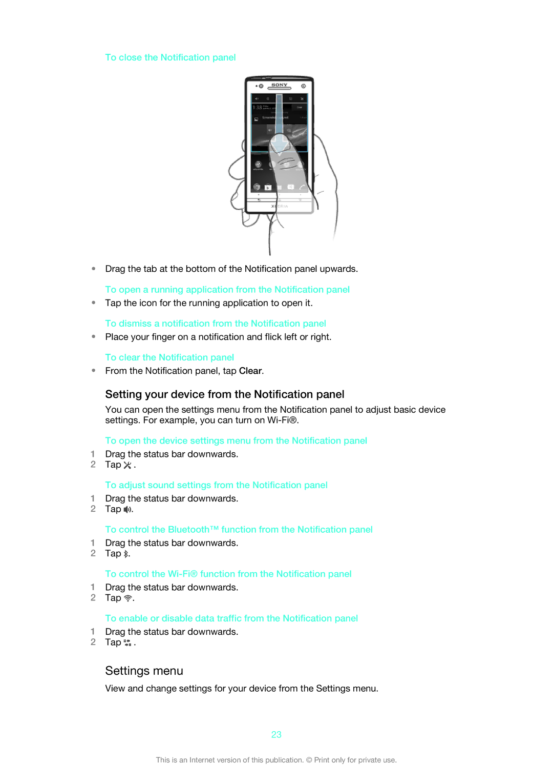 Sony XPERIA S manual Settings menu, Setting your device from the Notification panel, To close the Notification panel 