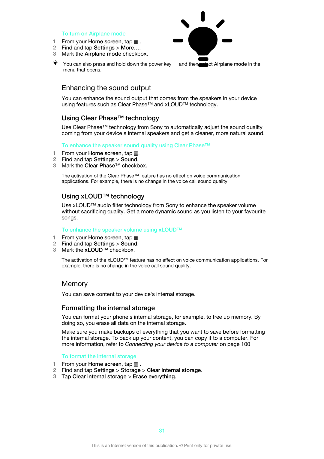Sony XPERIA S manual Enhancing the sound output, Memory, Using Clear Phase technology, Using xLOUD technology 