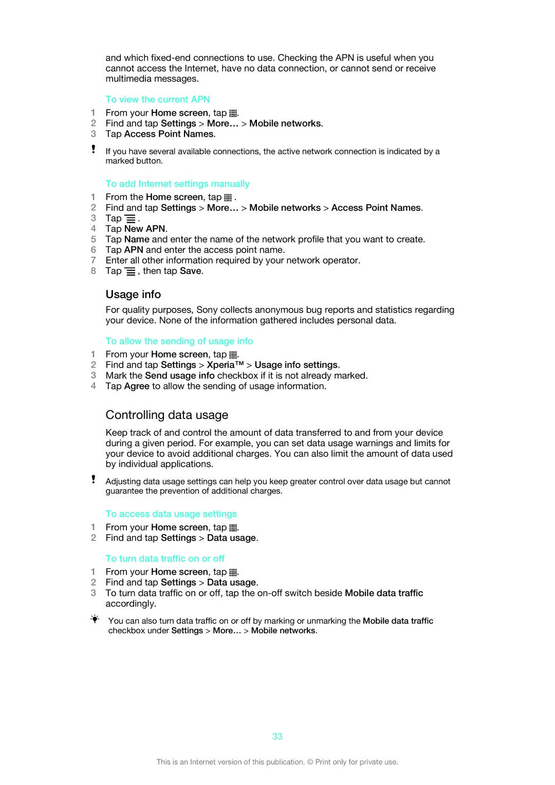 Sony XPERIA S manual Controlling data usage, Usage info 