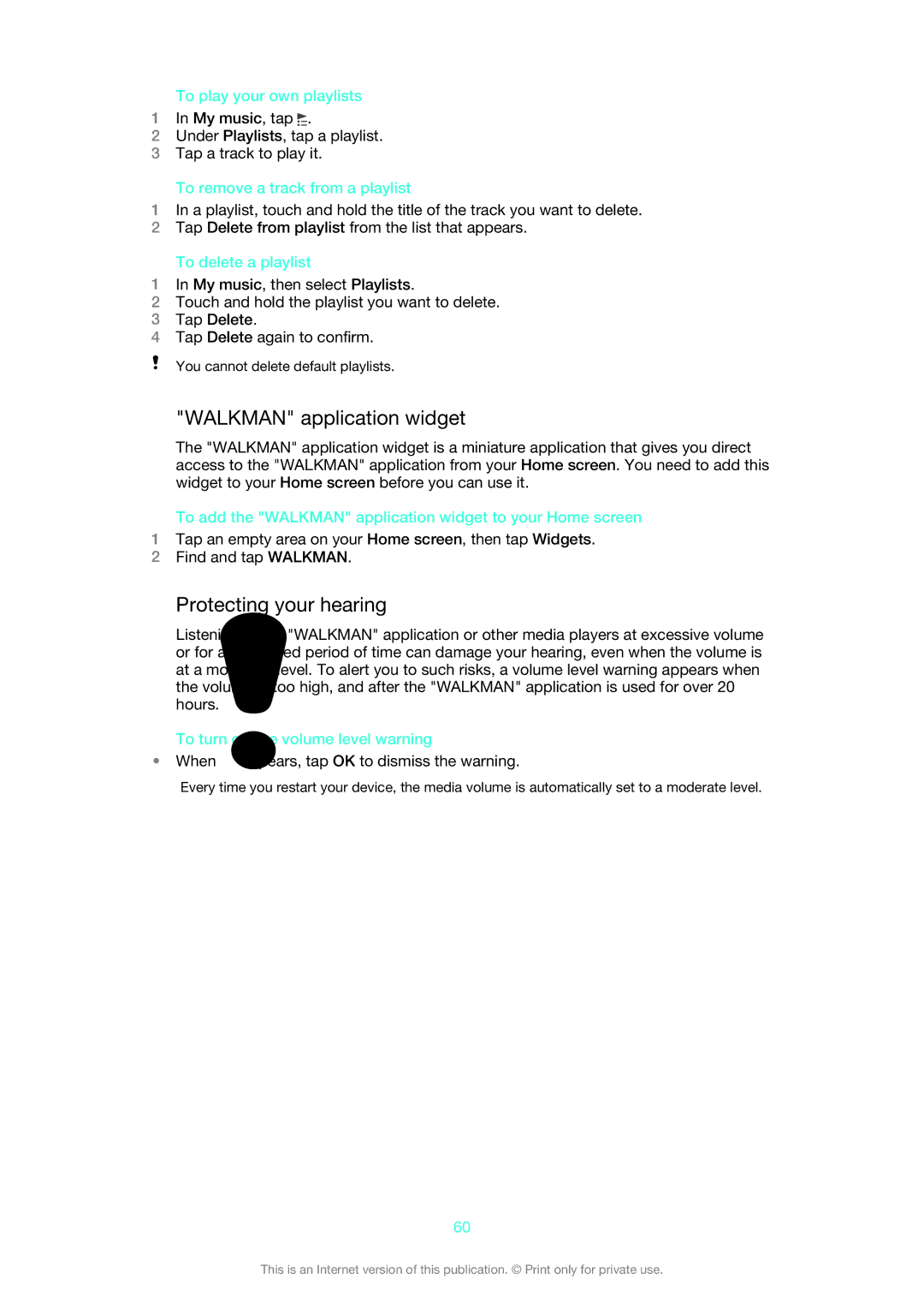 Sony XPERIA S manual Walkman application widget, Protecting your hearing 