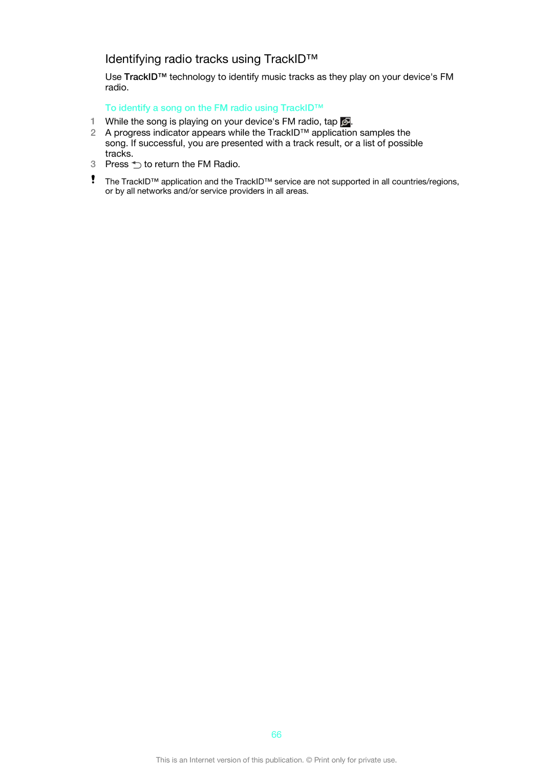 Sony XPERIA S manual Identifying radio tracks using TrackID, To identify a song on the FM radio using TrackID 