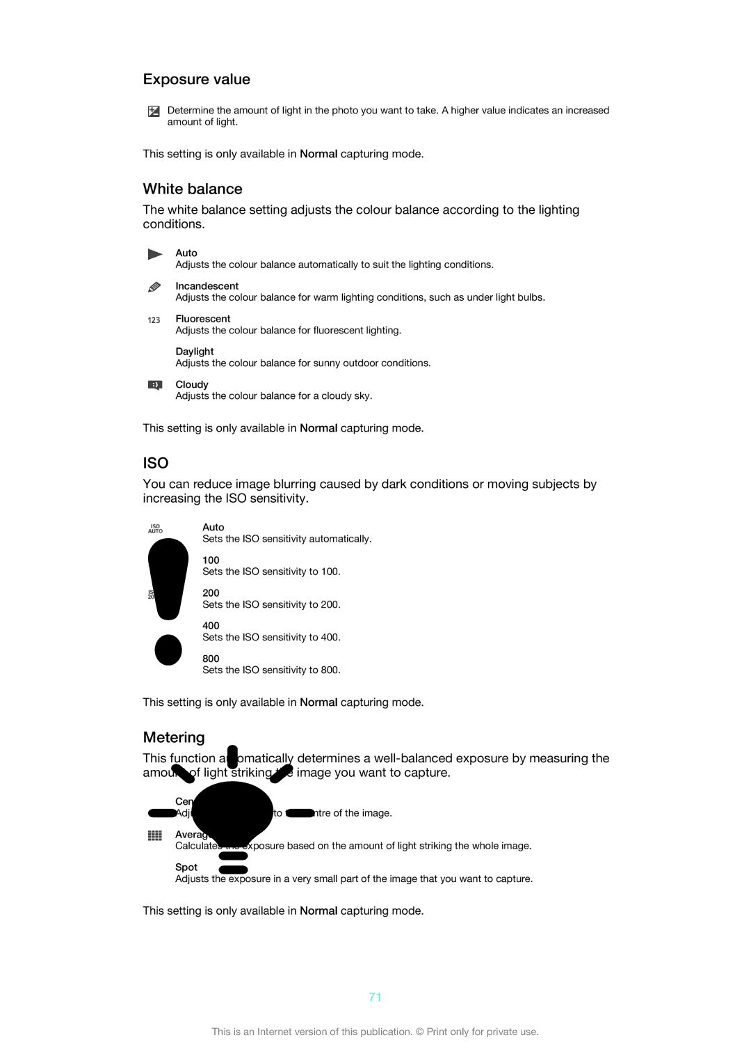 Sony XPERIA S manual Exposure value, White balance, Metering 