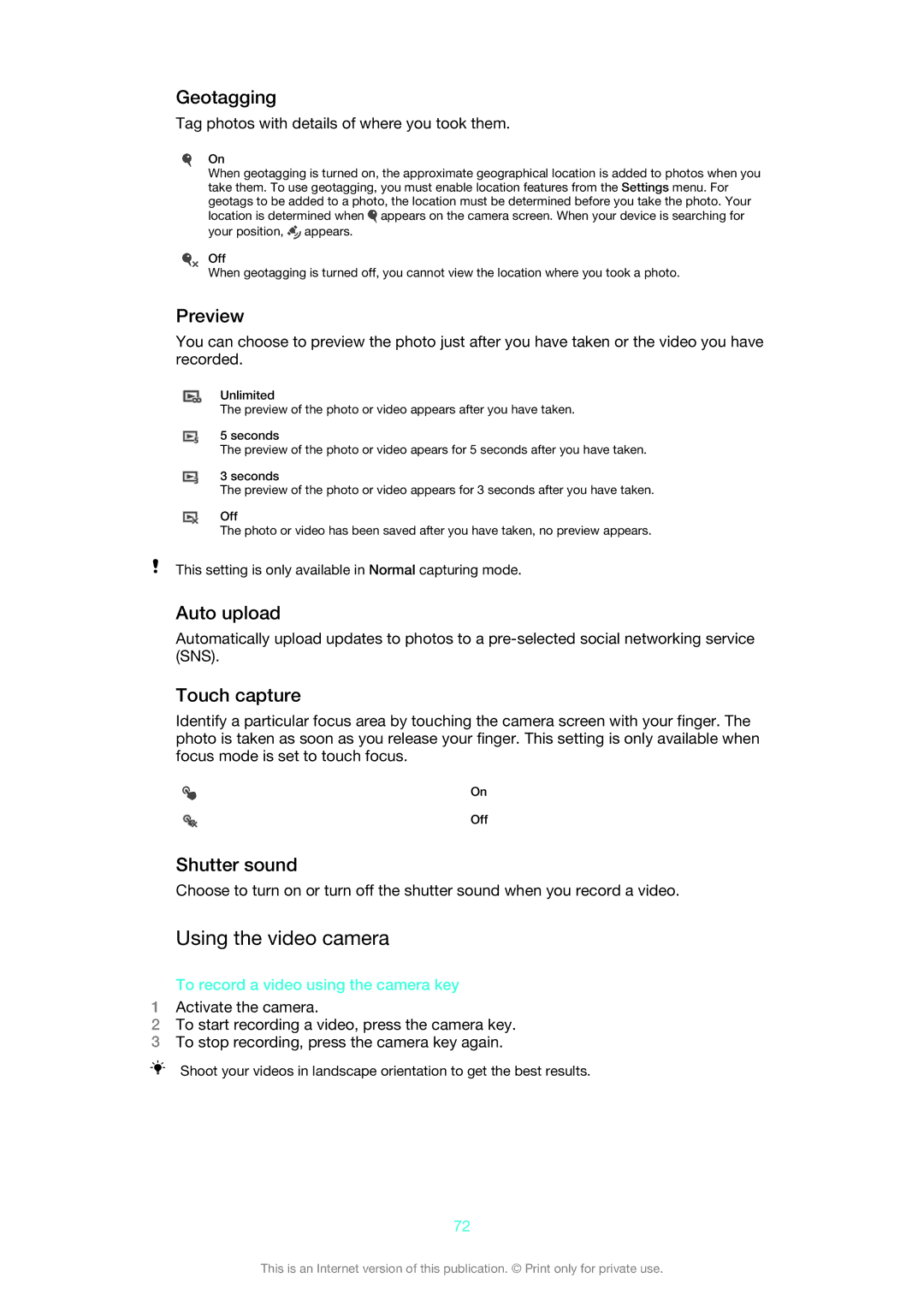 Sony XPERIA S manual Using the video camera 