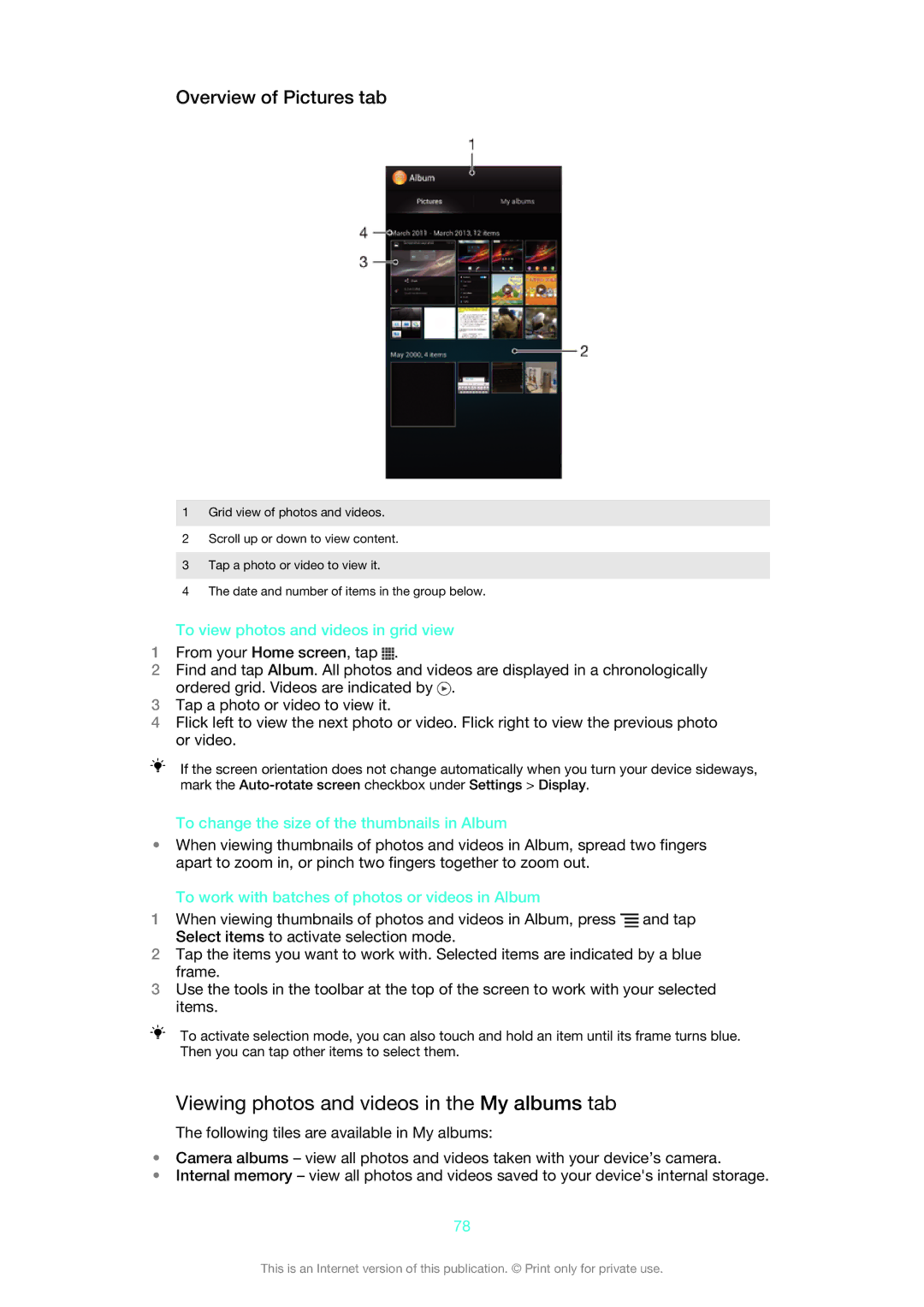 Sony XPERIA S manual Viewing photos and videos in the My albums tab, Overview of Pictures tab 