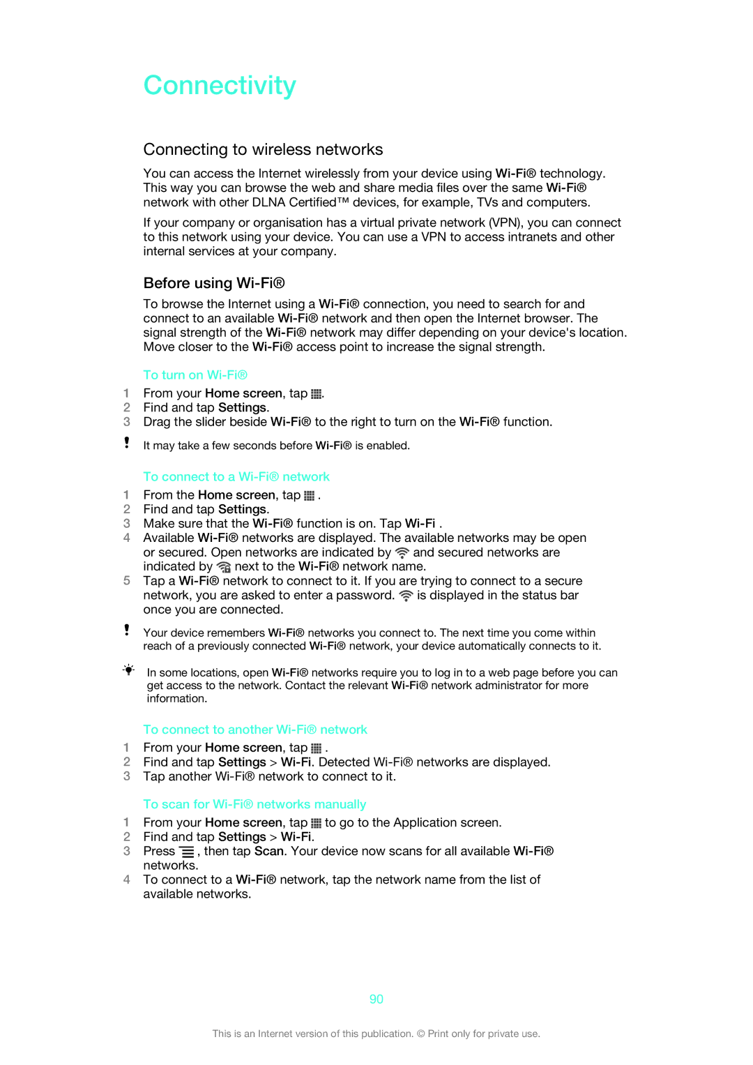 Sony XPERIA S manual Connectivity, Connecting to wireless networks, Before using Wi-Fi 