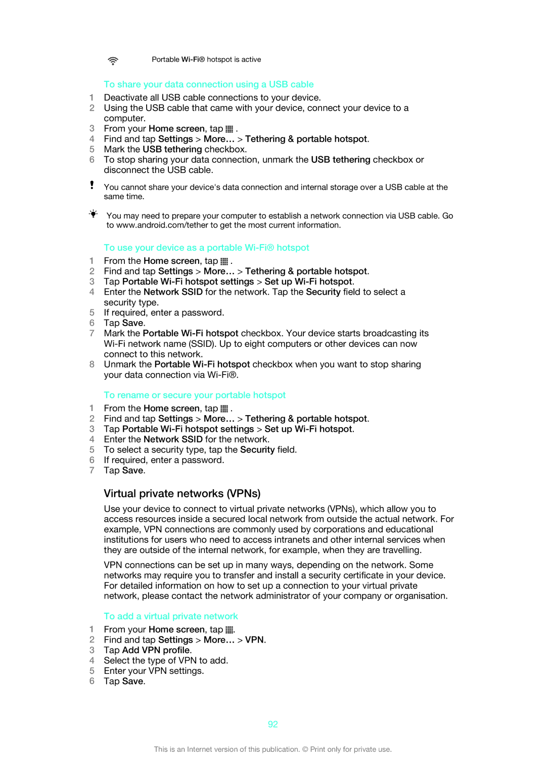Sony XPERIA S manual Virtual private networks VPNs, To share your data connection using a USB cable 