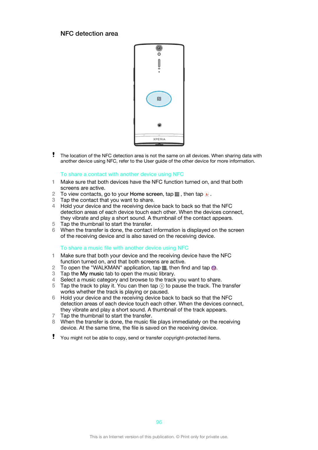 Sony XPERIA S manual NFC detection area, To share a contact with another device using NFC 