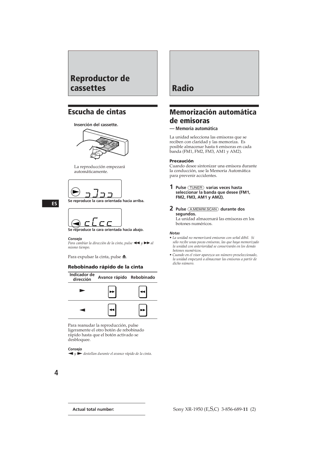 Sony XR-1950 Escucha de cintas, Memorización automática de emisoras, Rebobinado rápido de la cinta, Memoria automática 