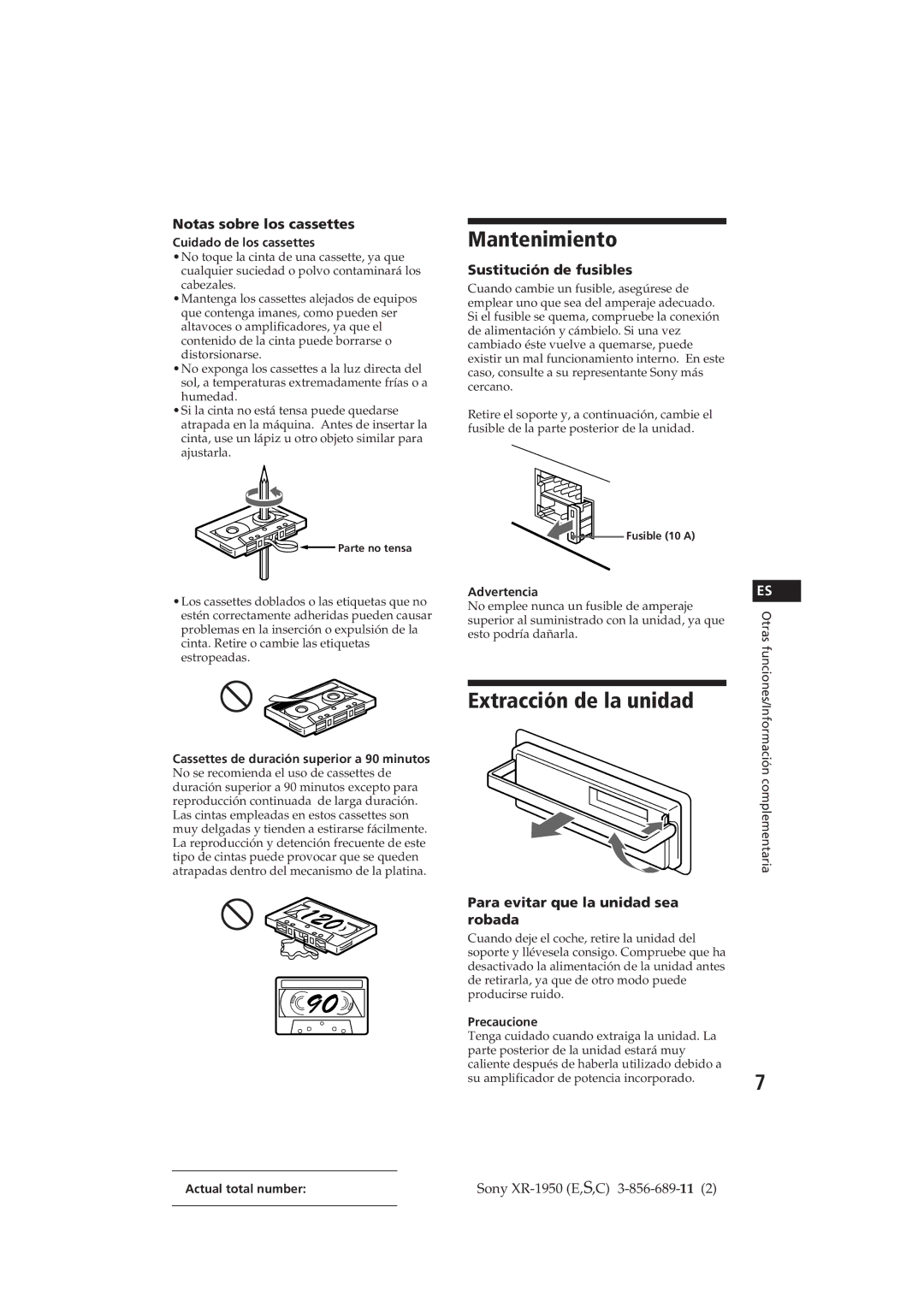 Sony XR-1950 operating instructions Mantenimiento, Extracción de la unidad 