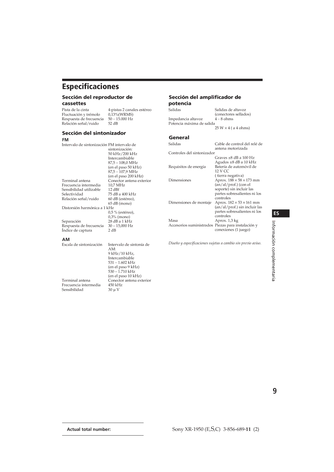 Sony XR-1950 operating instructions Especificaciones, Sección del reproductor de cassettes, Sección del sintonizador 