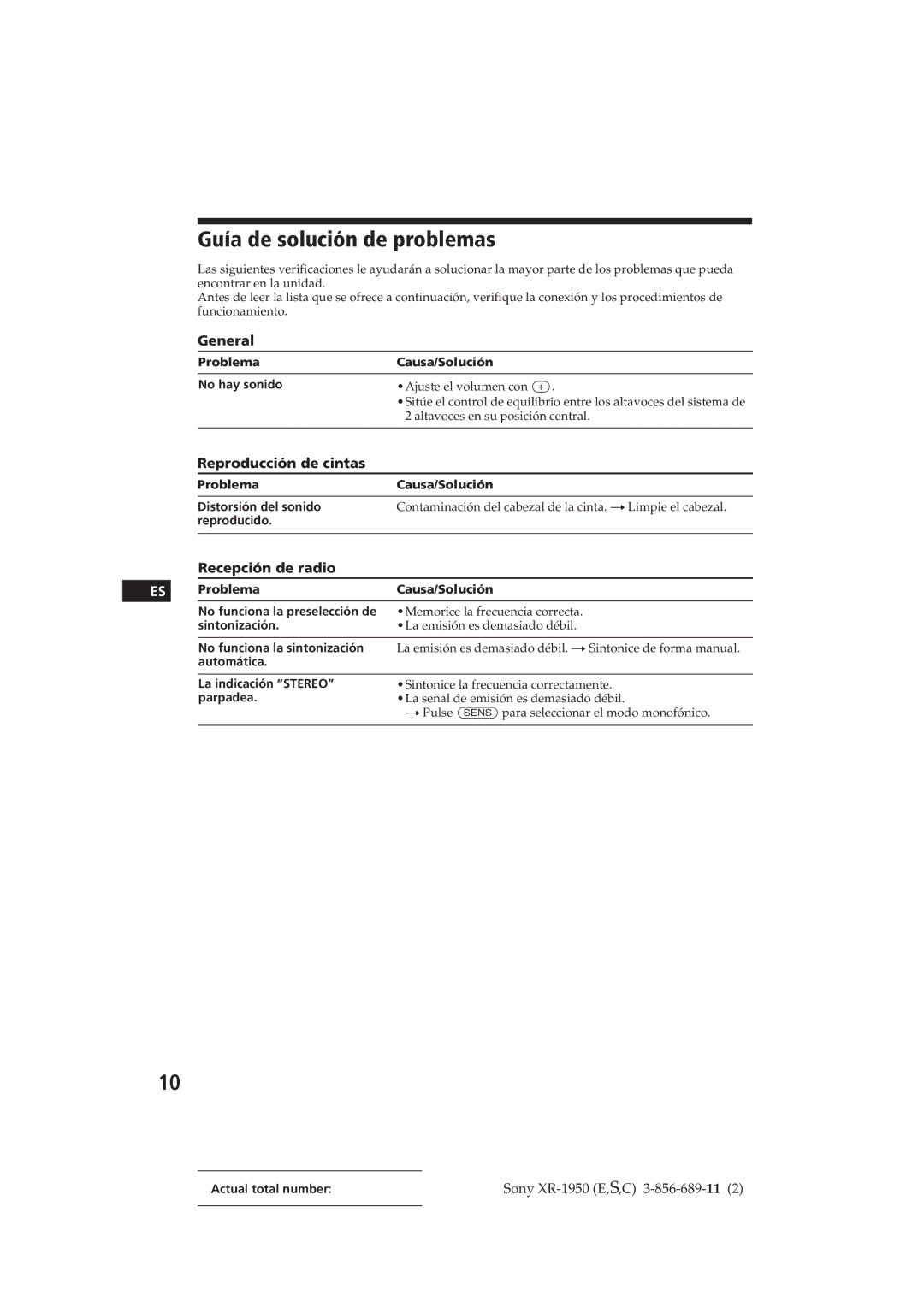 Sony XR-1950 operating instructions Guía de solución de problemas, Reproducción de cintas, Recepción de radio 