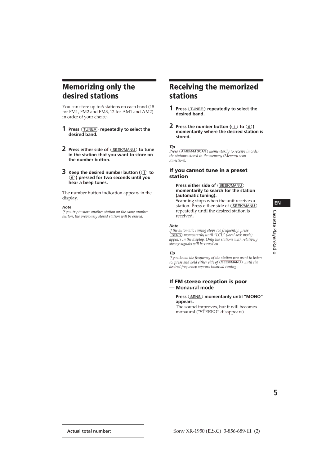 Sony XR-1950 operating instructions Receiving the memorized stations, If you cannot tune in a preset station 