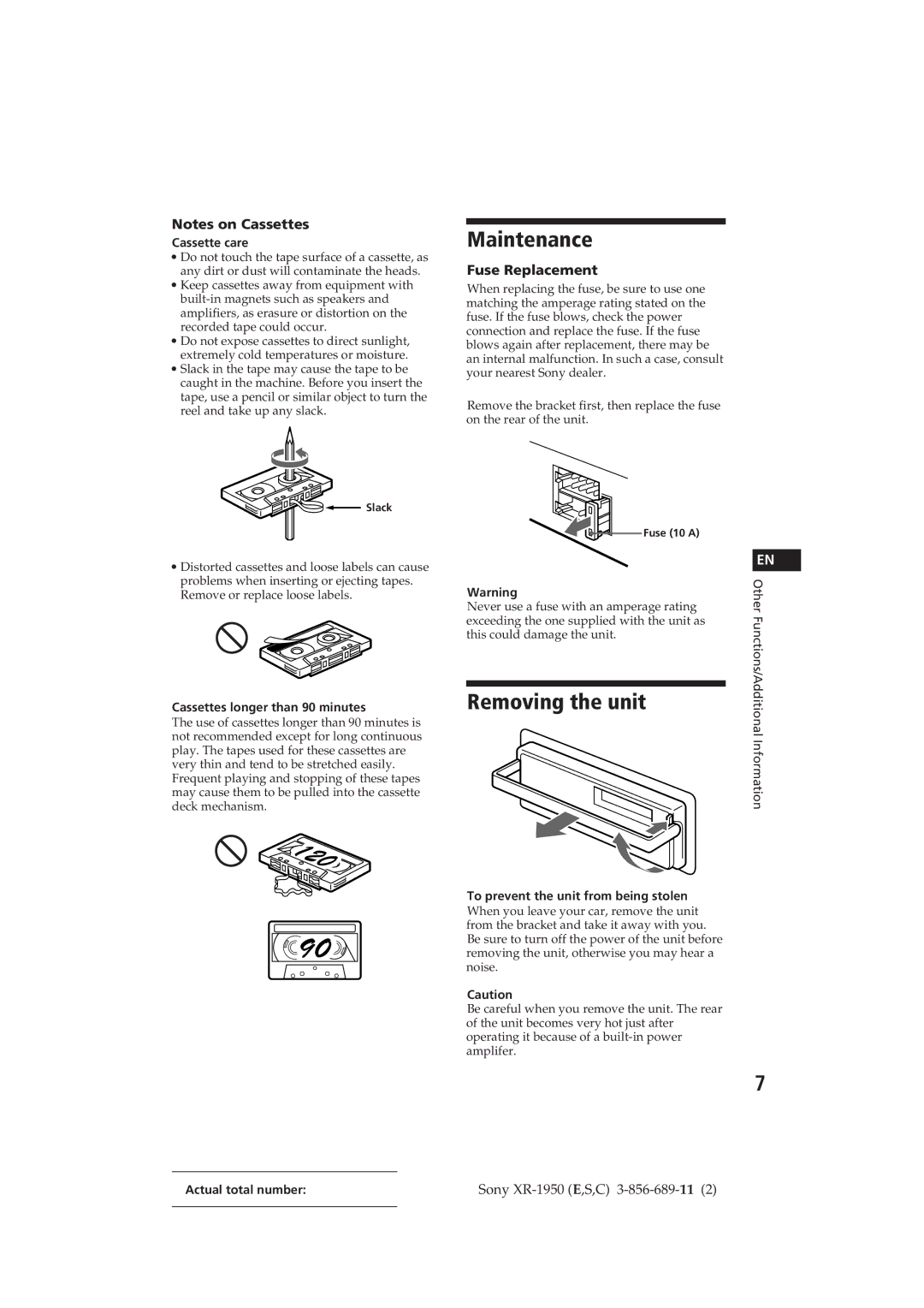 Sony XR-1950 operating instructions Maintenance, Removing the unit, Fuse Replacement 