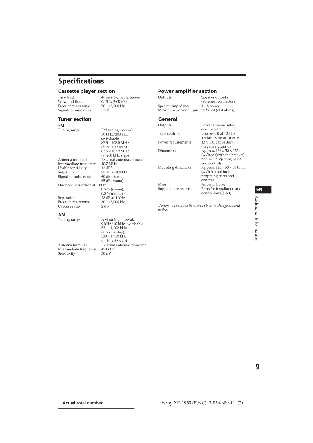 Sony XR-1950 Specifications, Cassette player section, Tuner section, Power amplifier section, General 