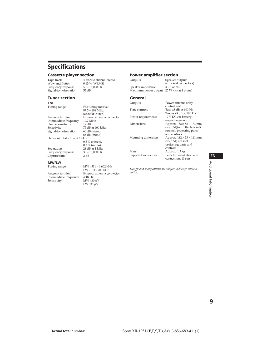 Sony XR-1951 manual Specifications, Cassette player section, Tuner section, Power amplifier section, General 