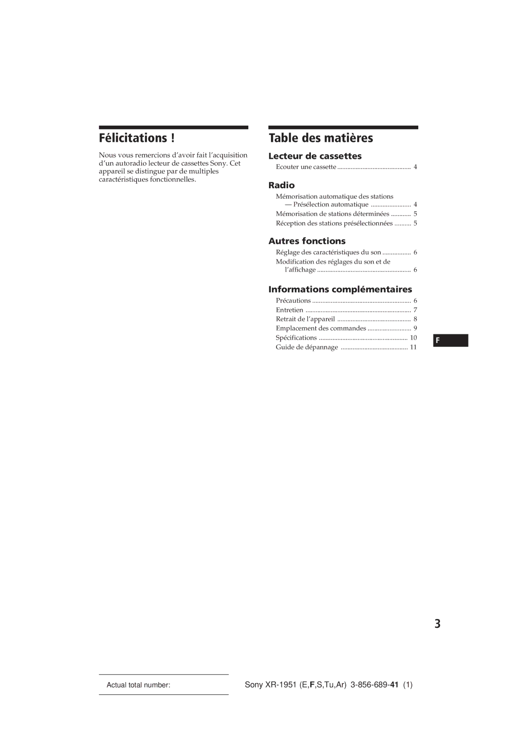 Sony XR-1951 manual Félicitations, Table des matières 