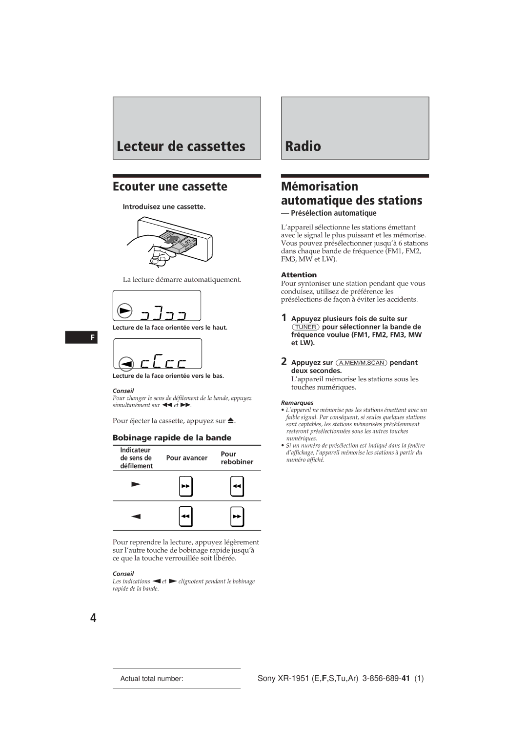 Sony XR-1951 manual Ecouter une cassette, Mémorisation automatique des stations, Bobinage rapide de la bande 