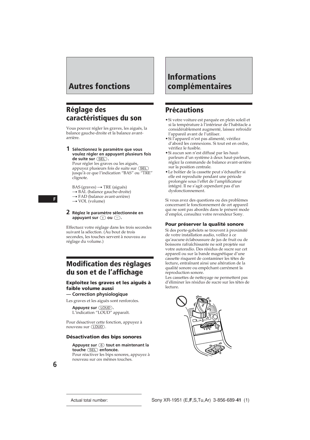 Sony XR-1951 manual Précautions, Réglage des caractéristiques du son, Modification des réglages du son et de l’affichage 