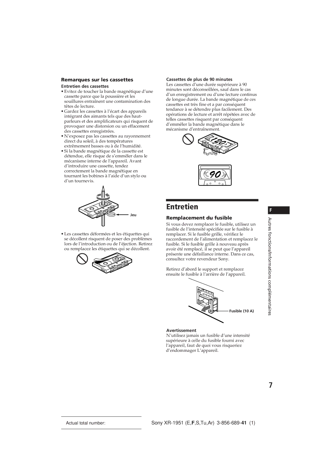 Sony XR-1951 manual Entretien, Remarques sur les cassettes, Remplacement du fusible 