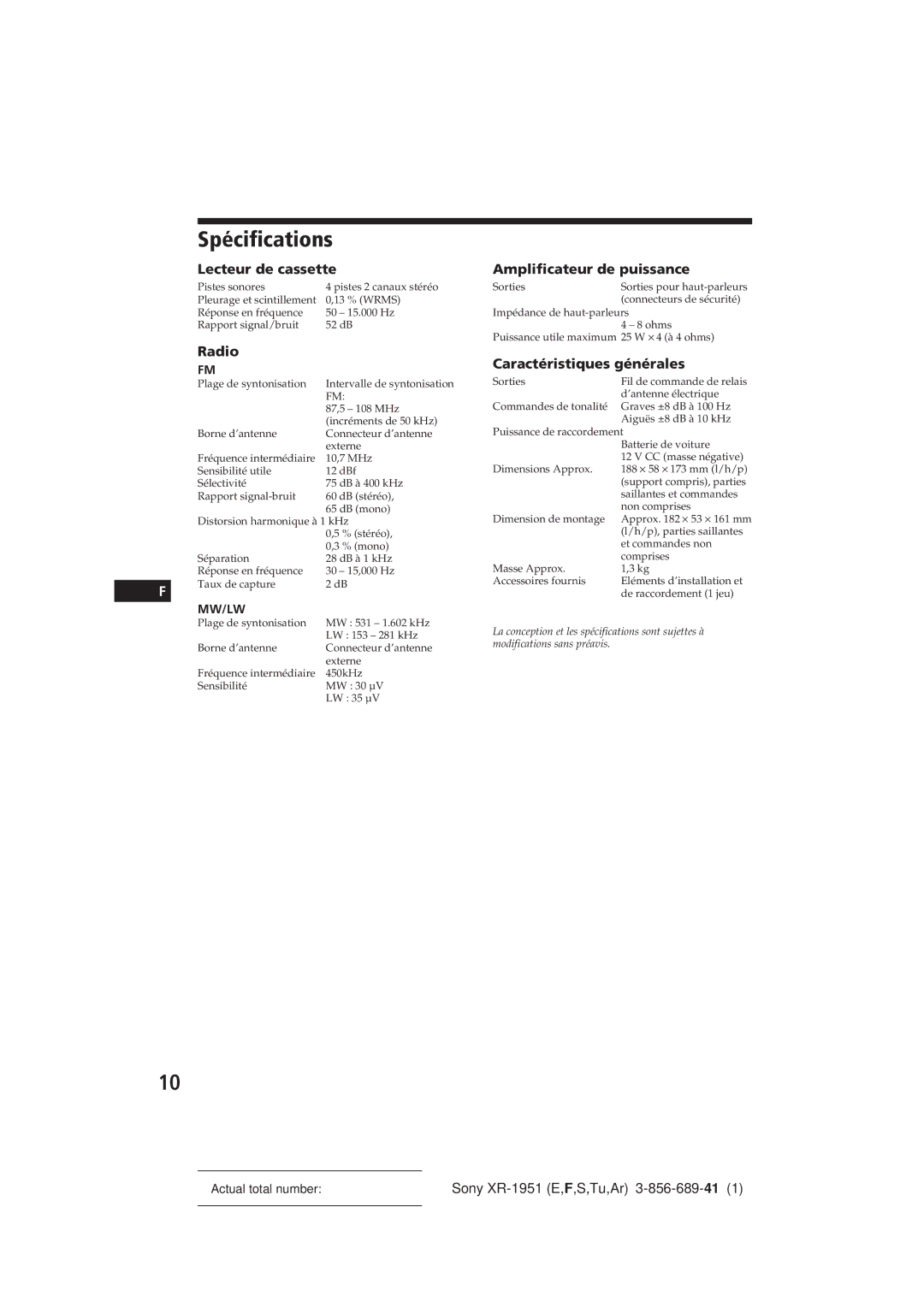 Sony XR-1951 manual Spécifications, Lecteur de cassette, Radio, Amplificateur de puissance, Caractéristiques générales 