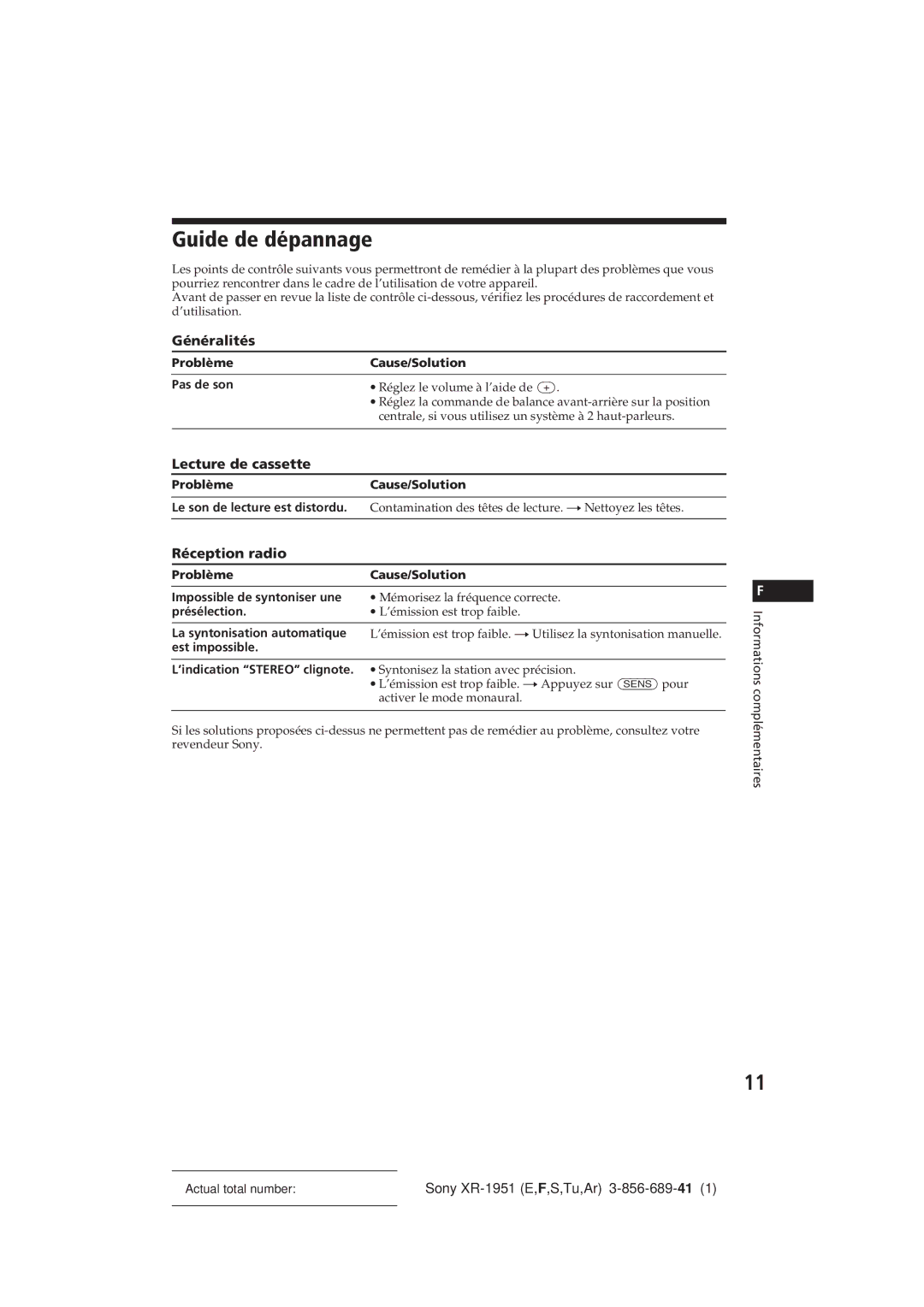 Sony XR-1951 manual Guide de dépannage, Généralités, Lecture de cassette, Réception radio 