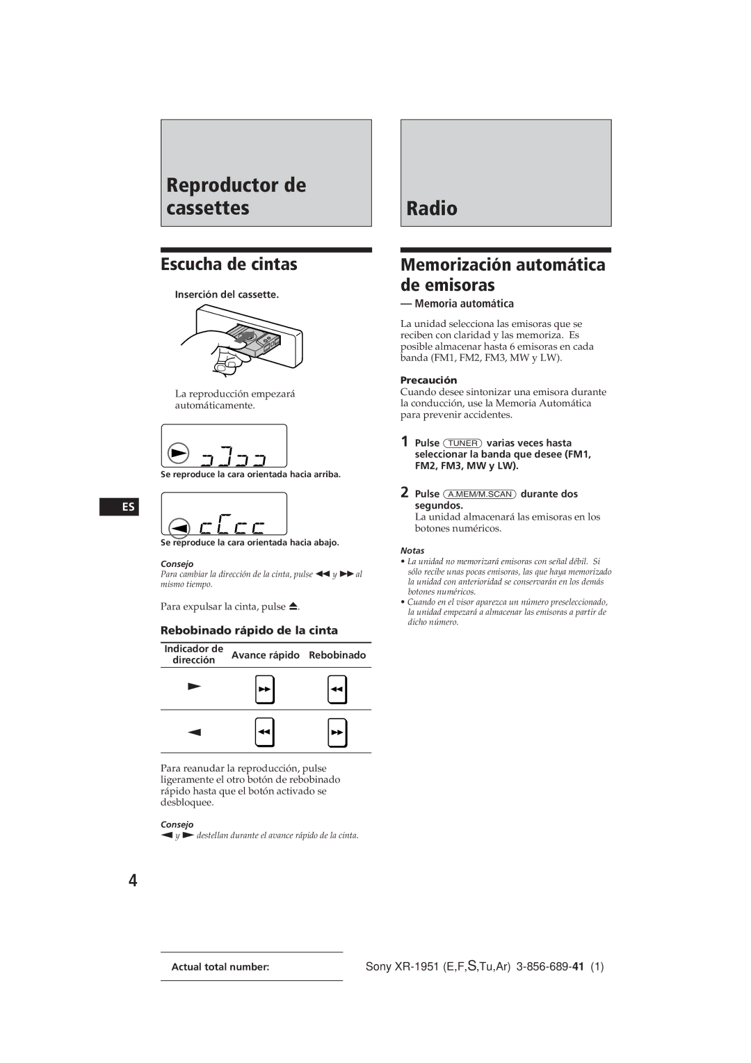 Sony XR-1951 Escucha de cintas, Memorización automática de emisoras, Rebobinado rápido de la cinta, Memoria automática 