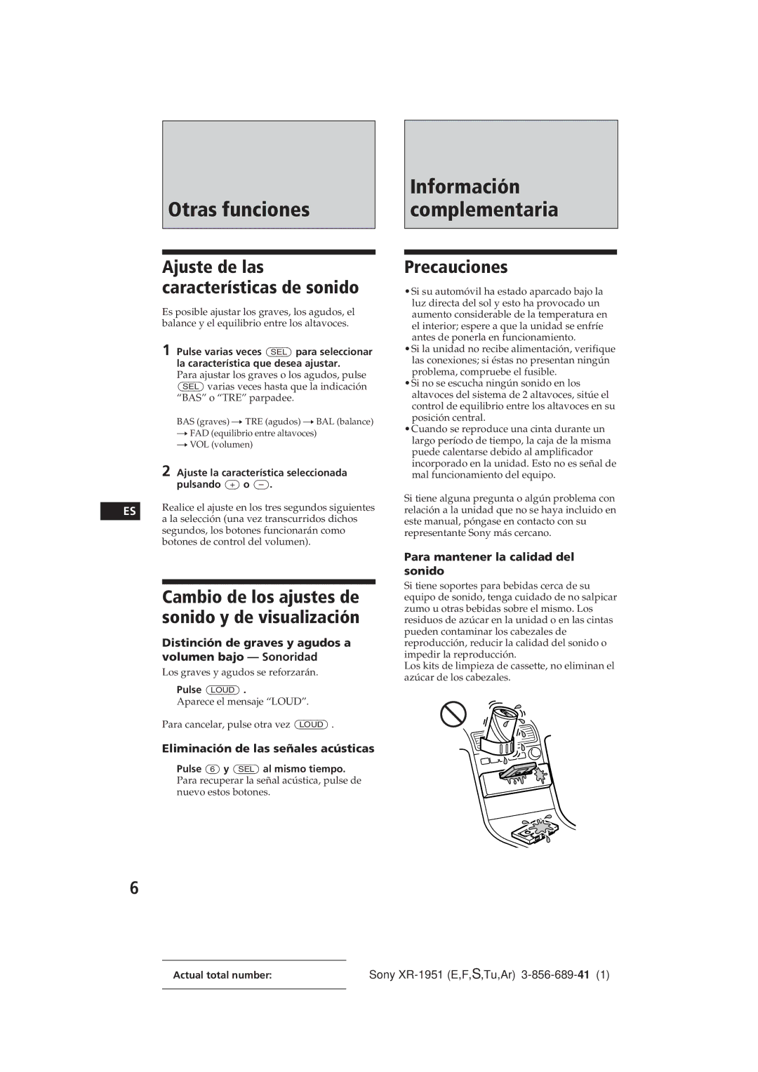 Sony XR-1951 Precauciones, Ajuste de las características de sonido, Cambio de los ajustes de sonido y de visualización 