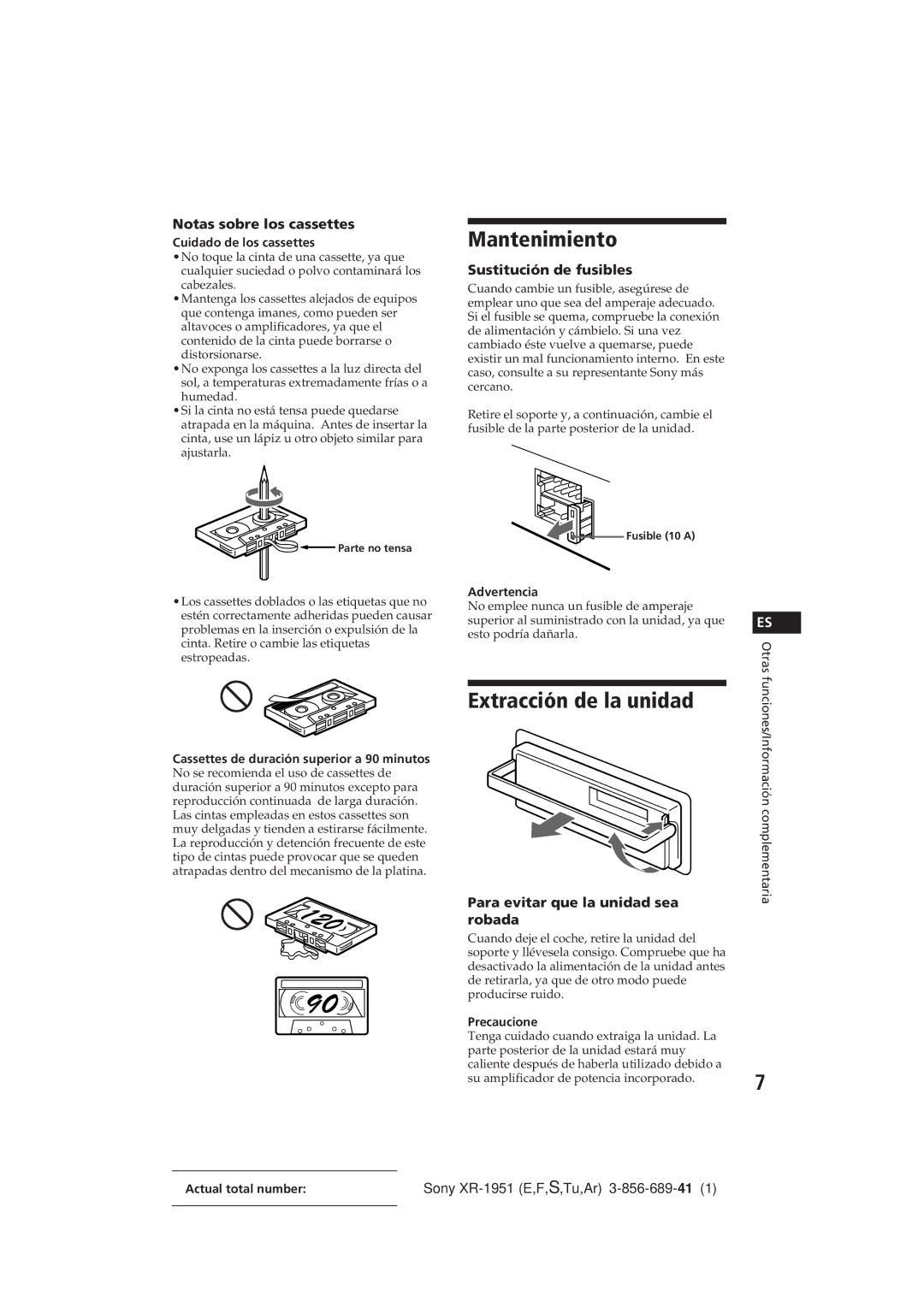 Sony XR-1951 manual Mantenimiento, Extracción de la unidad, Notas sobre los cassettes, Sustitución de fusibles 