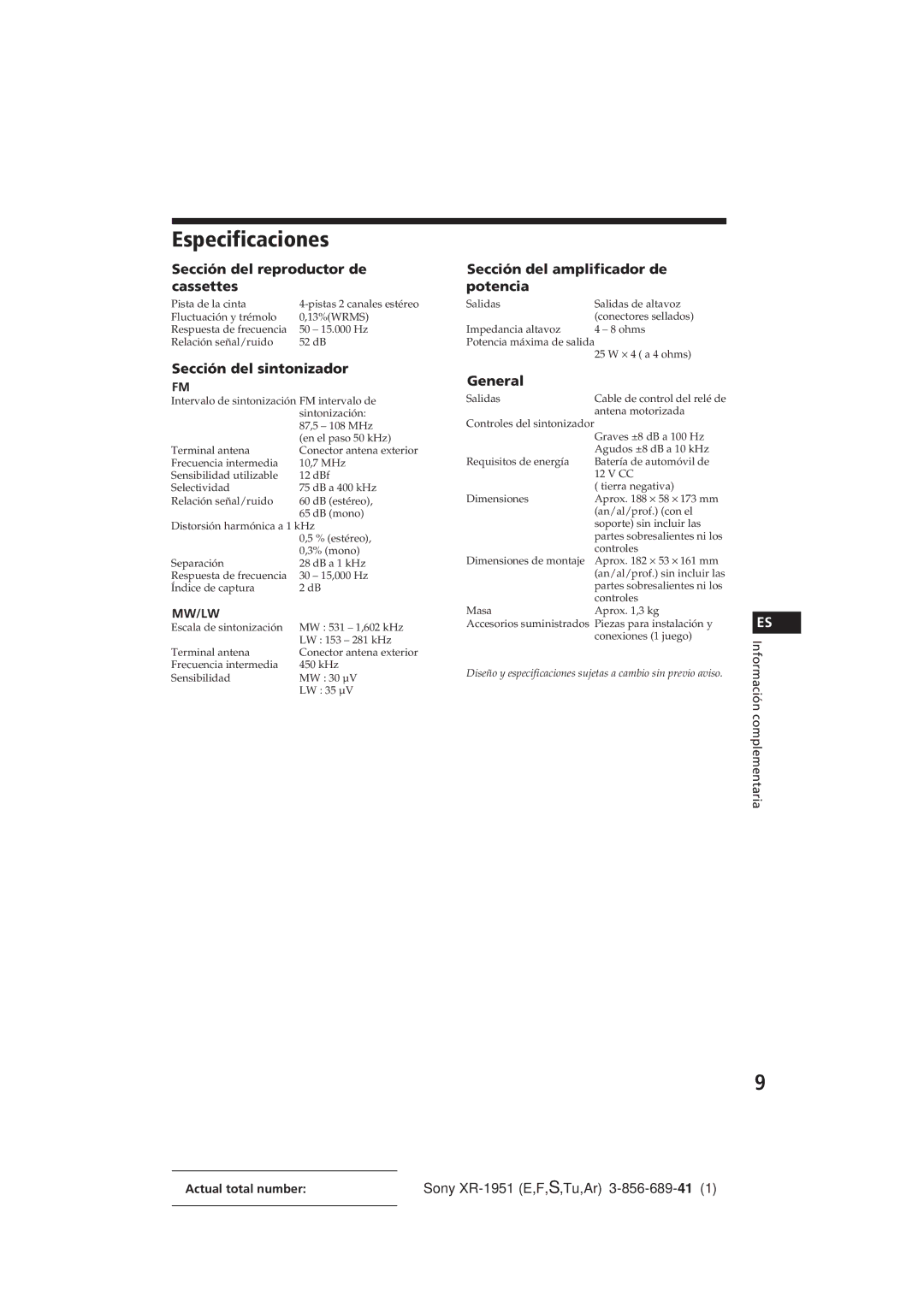 Sony XR-1951 manual Especificaciones, Sección del reproductor de cassettes, Sección del sintonizador 