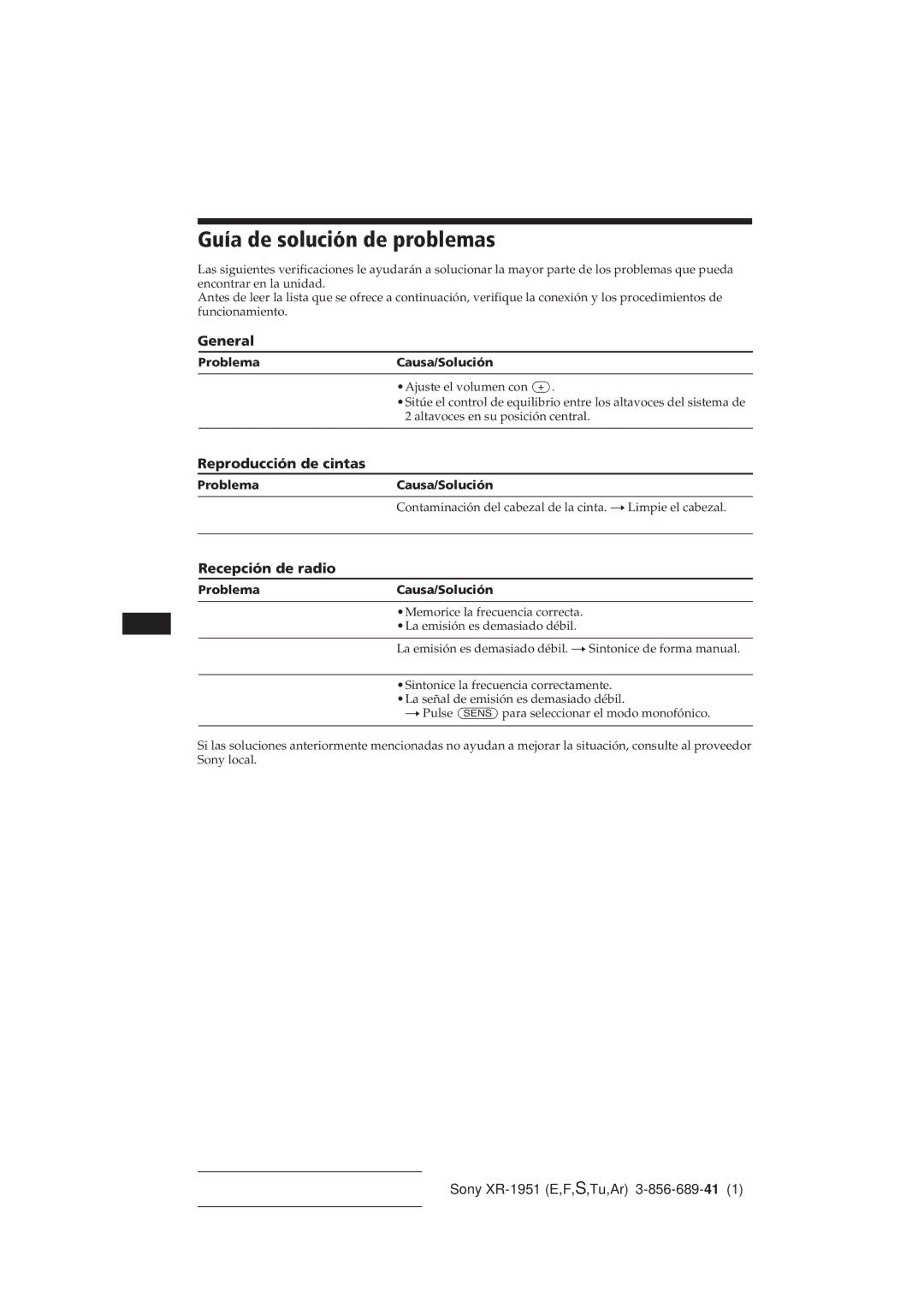 Sony XR-1951 manual Guía de solución de problemas, Reproducción de cintas, Recepción de radio 