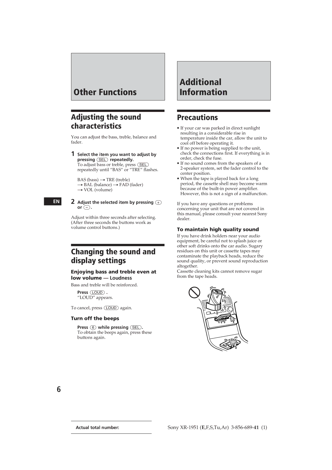 Sony XR-1951 manual Changing the sound and display settings, Precautions, Adjusting the sound characteristics 