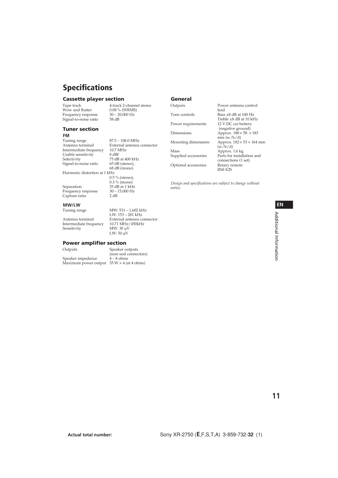 Sony XR-2750 Specifications, Cassette player section, Tuner section, Power amplifier section, General 