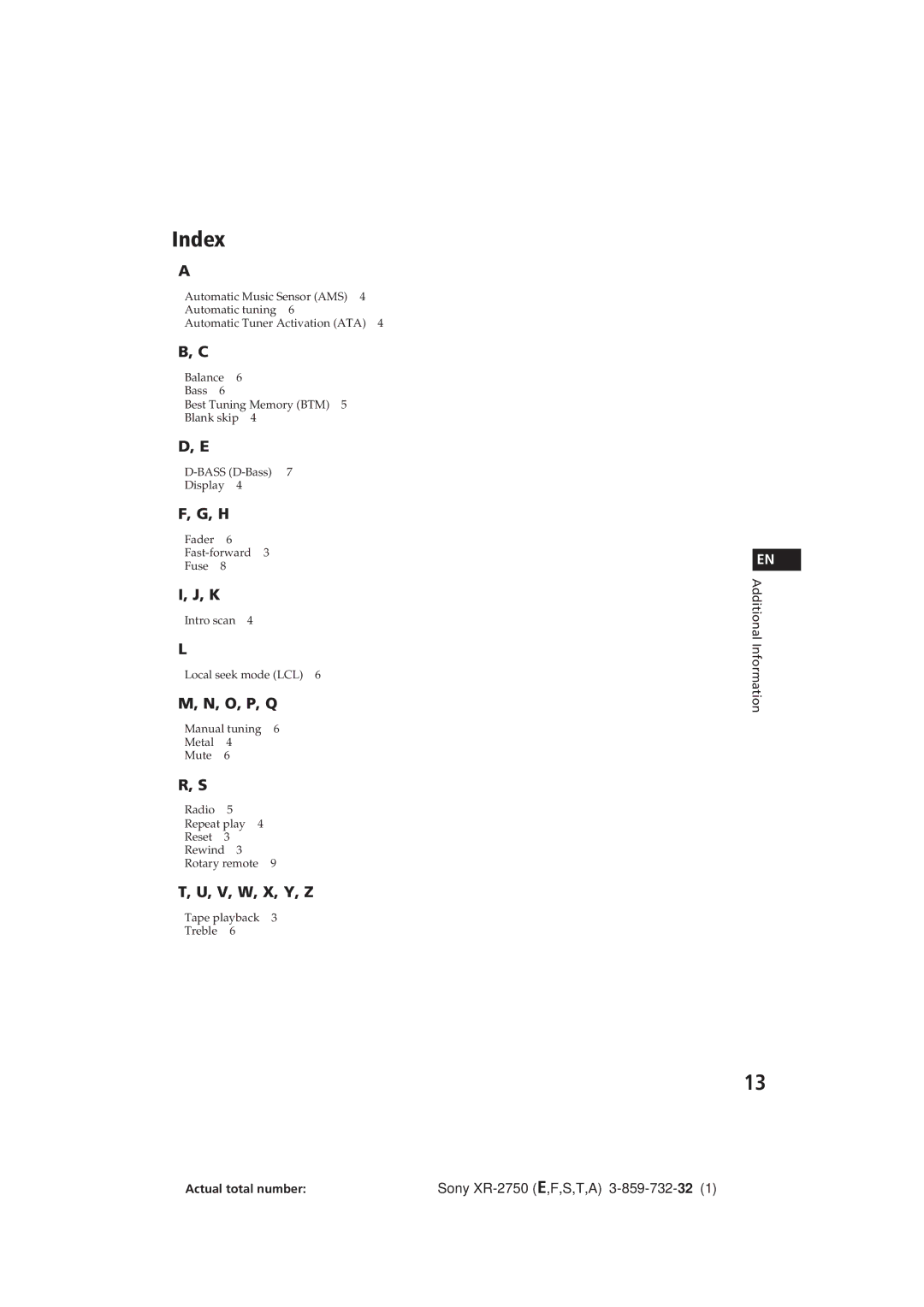 Sony XR-2750 operating instructions Index 