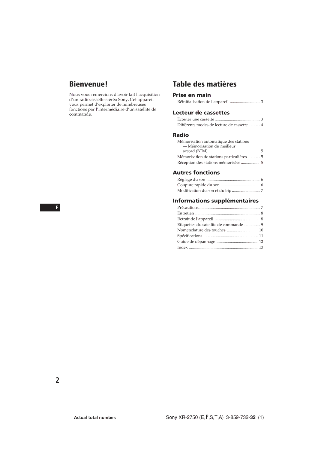 Sony XR-2750 operating instructions Bienvenue, Table des matières 