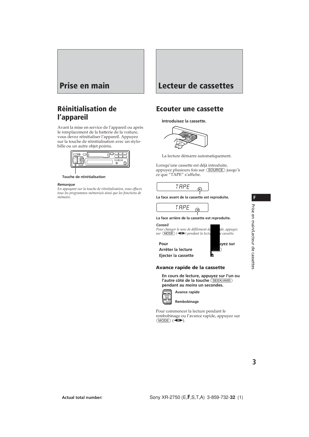 Sony XR-2750 Prise en main, Lecteur de cassettes, Réinitialisation de l’appareil, Ecouter une cassette 