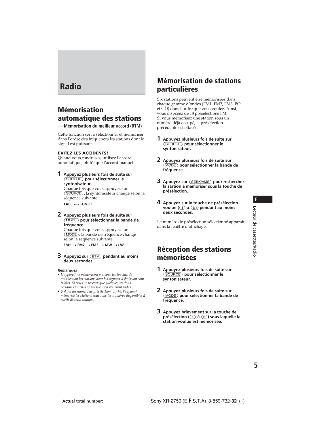 Sony XR-2750 operating instructions Mémorisation de stations particulières, Réception des stations mémorisées 