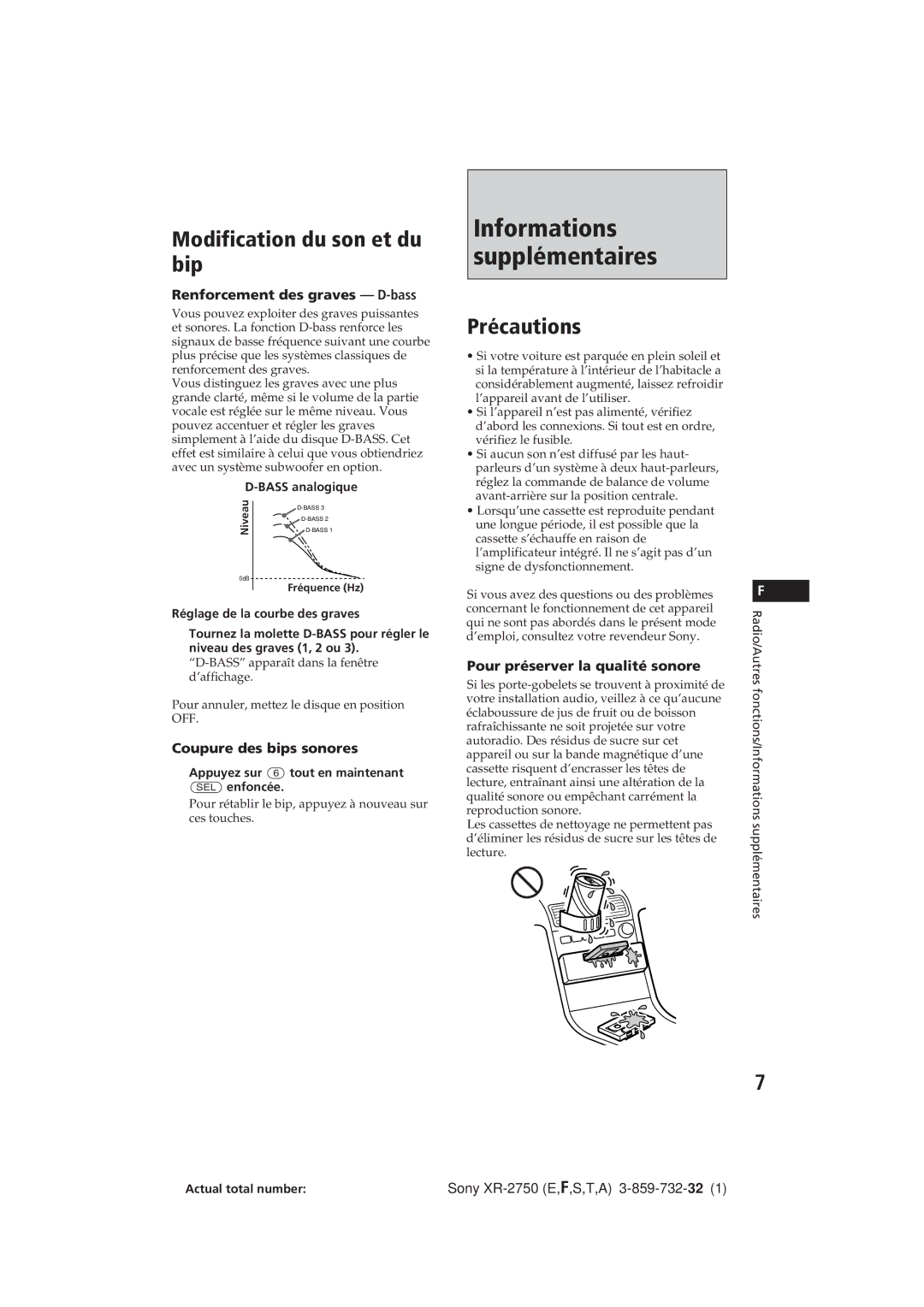 Sony XR-2750 Modification du son et du bip, Précautions, Renforcement des graves D-bass, Coupure des bips sonores 