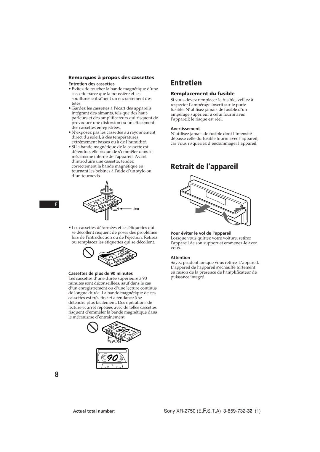 Sony XR-2750 Entretien, Retrait de l’appareil, Remarques à propos des cassettes, Remplacement du fusible 