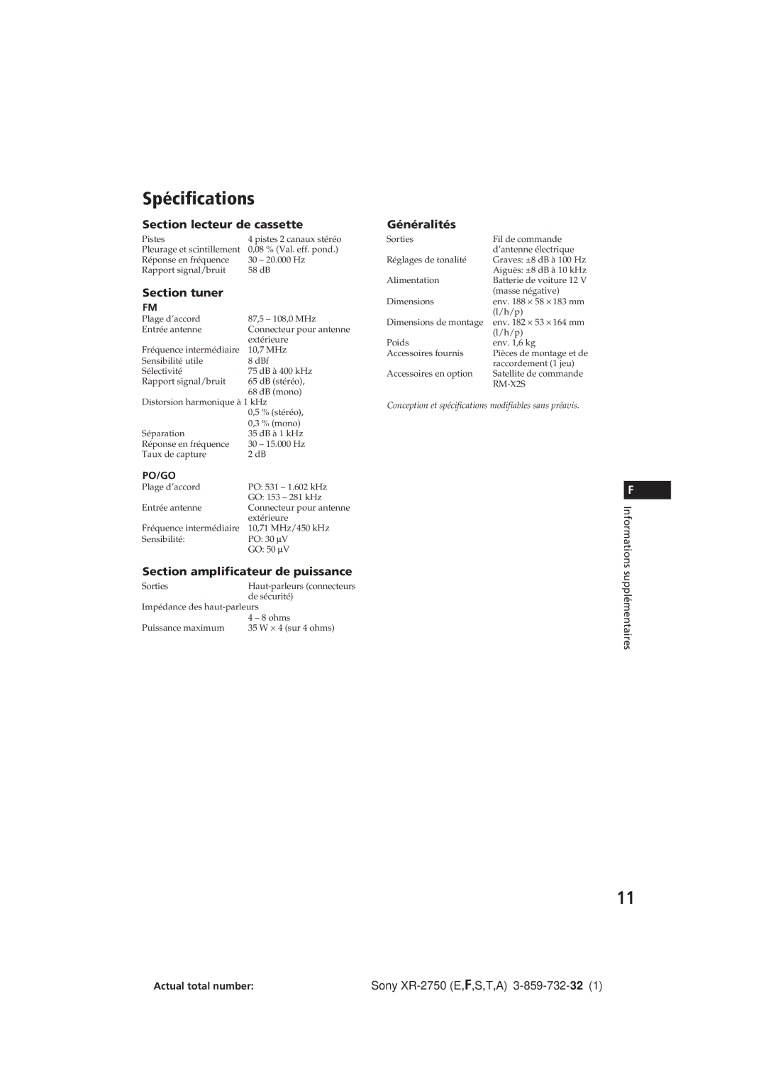 Sony XR-2750 Spécifications, Section lecteur de cassette, Section tuner, Section amplificateur de puissance, Généralités 