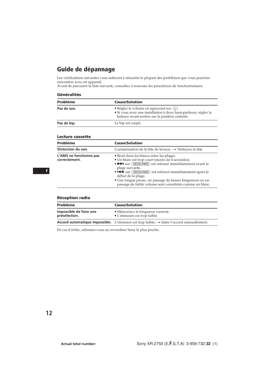 Sony XR-2750 operating instructions Guide de dépannage, Lecture cassette, Réception radio 