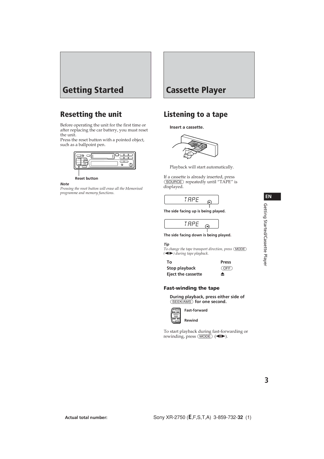 Sony XR-2750 Getting Started Cassette Player, Resetting the unit, Listening to a tape, Fast-winding the tape 