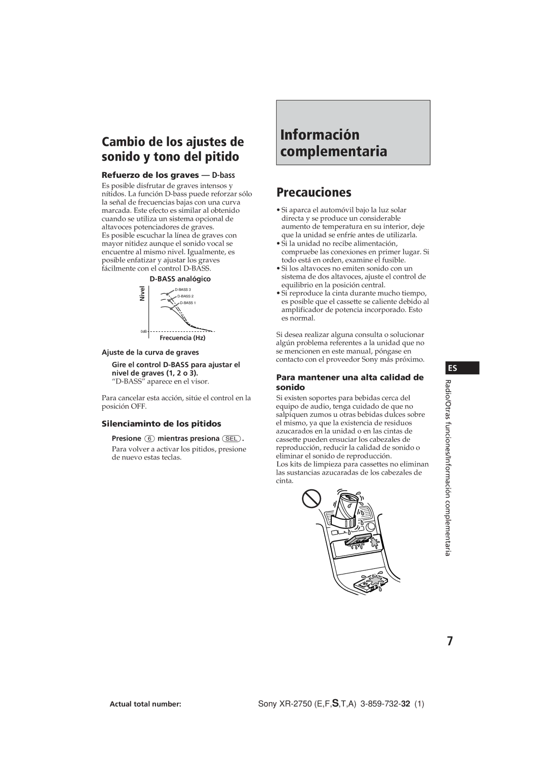 Sony XR-2750 Precauciones, Cambio de los ajustes de sonido y tono del pitido, Refuerzo de los graves D-bass 