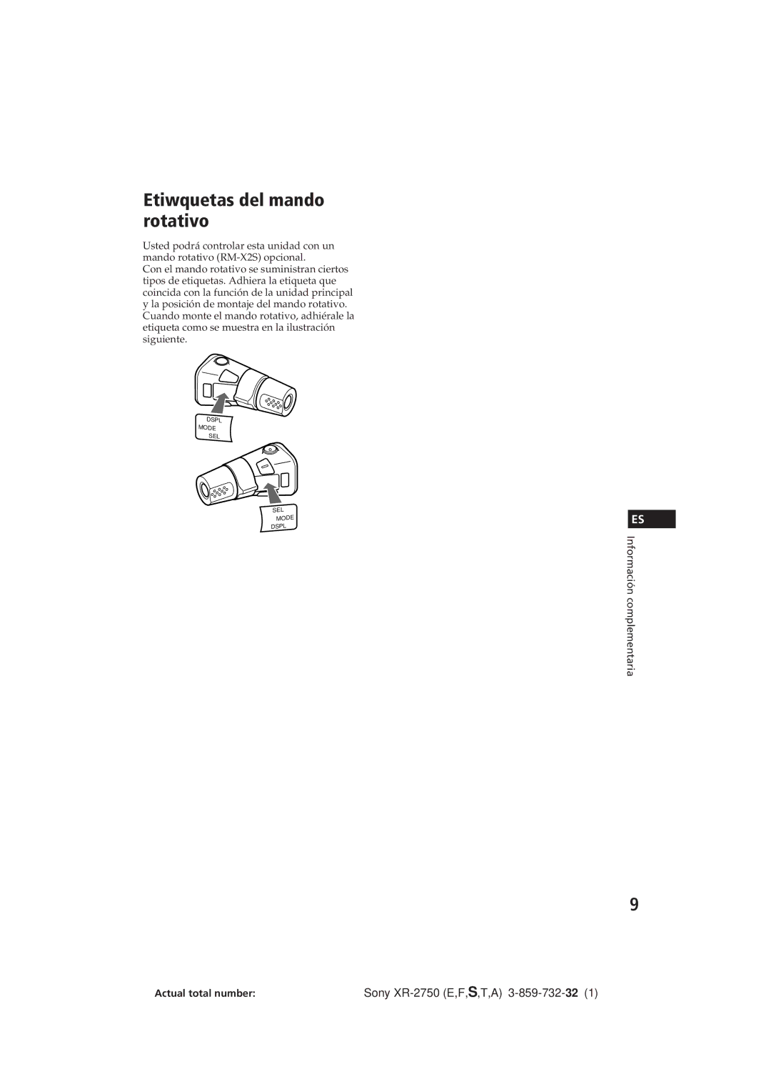 Sony XR-2750 operating instructions Etiwquetas del mando rotativo 