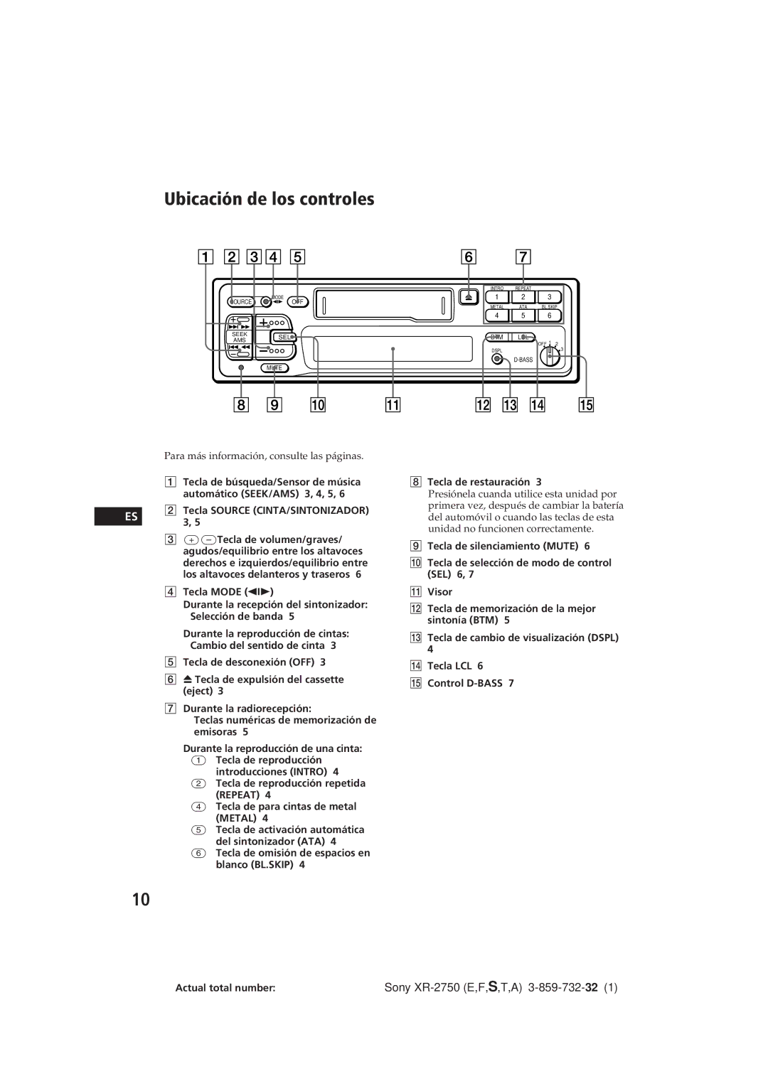 Sony XR-2750 Ubicación de los controles, Tecla Source CINTA/SINTONIZADOR 3, Tecla Mode, Tecla de restauración 