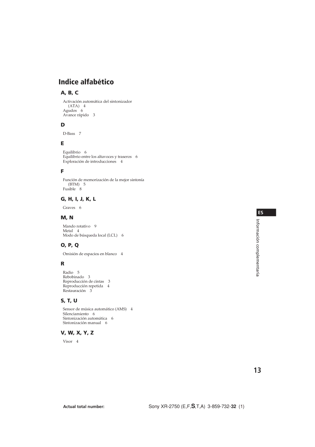 Sony XR-2750 operating instructions Indice alfabético, I, J, K, L 