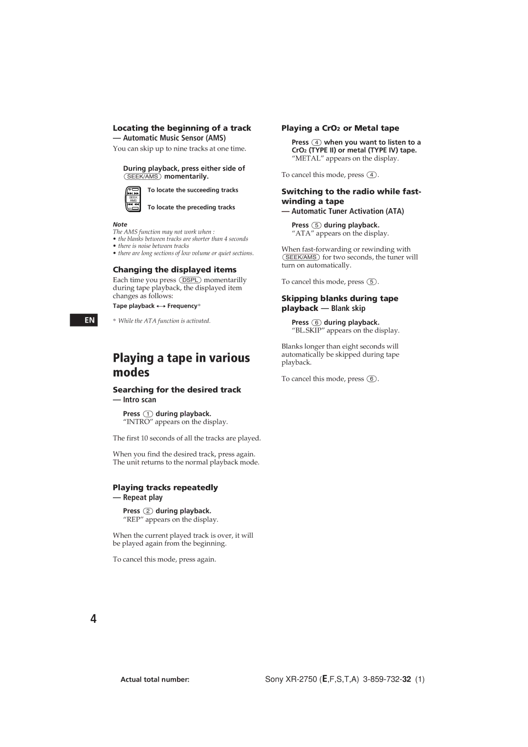 Sony XR-2750 operating instructions Playing a tape in various modes 