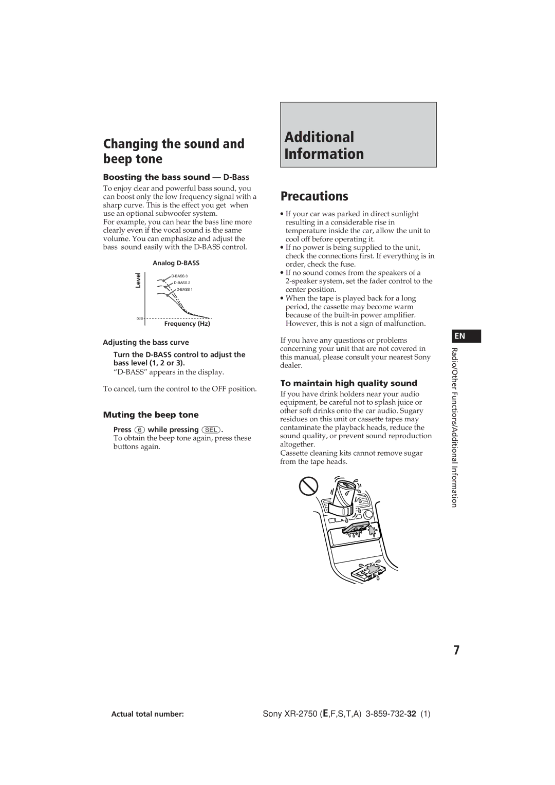 Sony XR-2750 operating instructions Additional Information, Changing the sound and beep tone, Precautions 