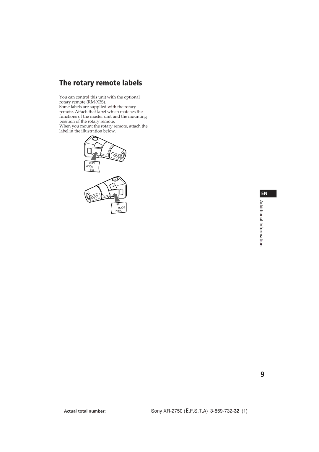 Sony XR-2750 operating instructions Rotary remote labels 