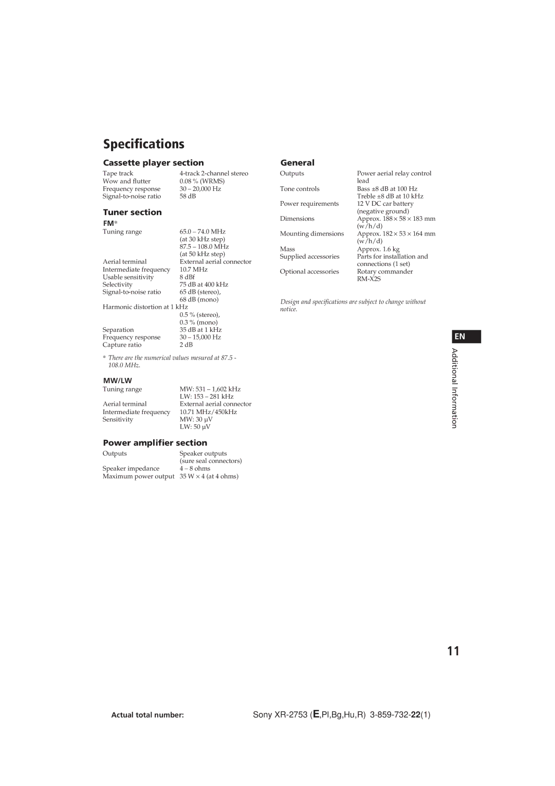 Sony XR-2753 Specifications, Cassette player section, Tuner section, Power amplifier section, General 